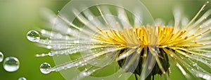 A macro shot of a bright yellow dandelion flower with dew drops