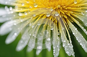 A macro shot of a bright yellow dandelion flower with dew drops