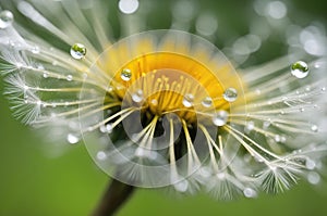 A macro shot of a bright yellow dandelion flower with dew drops