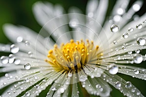 A macro shot of a bright yellow dandelion flower with dew drops