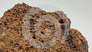 Macro shot of a brown volcanic rock on a white background