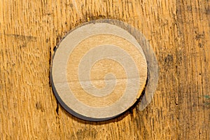 Macro shot of bung in wooden bourbon barrel