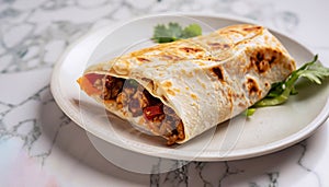 macro shot of a burrito on a plate with a servery table on a white marble countertop photo