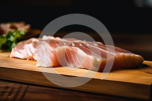 Macro shot of buttery white tuna sashimi served with grated ginger and chopped scallions on a wooden board