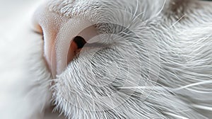 Macro shot of a cat\'s nose and whiskers, highlighting the texture and fine hairs