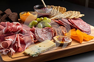 Macro shot of a charcuterie board with a variety of sliced meats, including ham, turkey, and roast beef, served with crackers