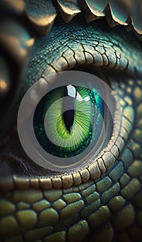 Macro shot, close-up of a green tyrannosaurus rex eye