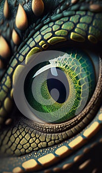 Macro shot, close-up of a green tyrannosaurus rex eye