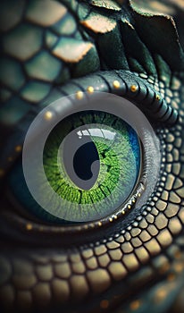 Macro shot, close-up of a green tyrannosaurus rex eye