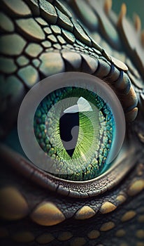 Macro shot, close-up of a green tyrannosaurus rex eye