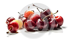 Macro shot close up perfect shiny group of ripe red berries with some water drops isolated on white background