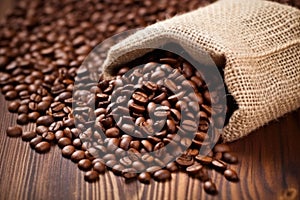 macro shot of coffee beans in a burlap sack