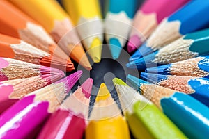 Macro shot of color pencils tipped nibs arranged diagonally, desk