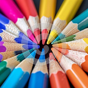 Macro shot of color pencils tipped nibs arranged diagonally, desk