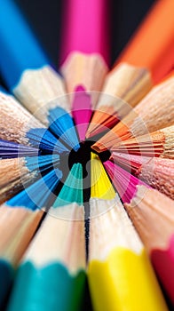 Macro shot of color pencils tipped nibs arranged diagonally, desk