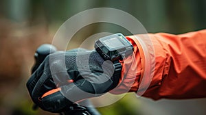 A macro shot of a compact activity tracker clipped onto a biking glove with a tiny display showing the cyclists cadence