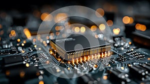 Macro shot of a computer processor chip with glowing orange circuits computer chip