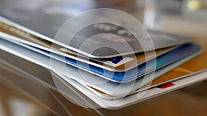 Macro shot of a credit cards pile