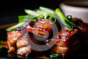 Macro shot of crispy pork belly with hoisin sauce and scallions