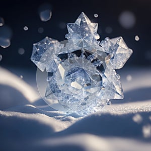 Macro shot of a crystal snowflake in the snow. Shallow depth of field