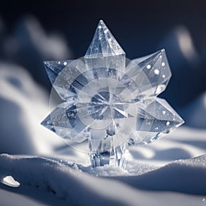 Macro shot of a crystal snowflake in the snow. Shallow depth of field