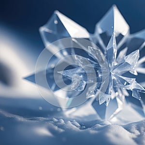 Macro shot of a crystal snowflake in the snow. Shallow depth of field