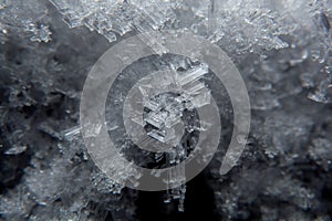 Macro shot of the crystalline texture of ice in cold shades, an ice outgrowth. no-frost