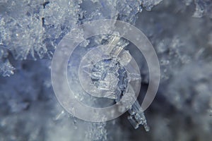 Macro shot of the crystalline texture of ice in cold shades, an ice outgrowth. no-frost