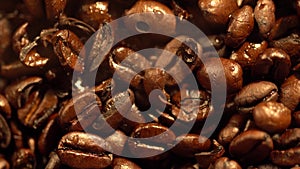 Macro shot of cup with hot coffee on roasted coffee beans in 4K