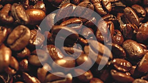 Macro shot of cup with hot coffee on roasted coffee beans in 4KUHD