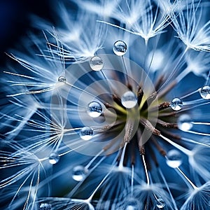 Macro shot of dandelion flower with droplet blue tones Generative AI