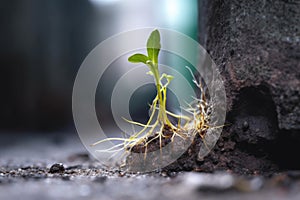 macro shot of dandelion roots breaking through concrete