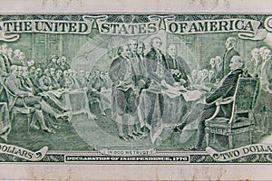 Macro shot of Declaration of Independence, 1776 drawing from the back of the two dollar bill