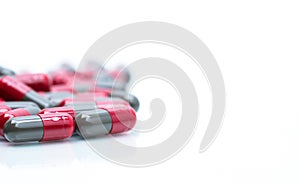 Macro shot detail selective focus of red and grey capsule pills