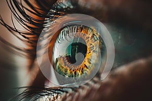 Closeup of a human eye reflecting a window