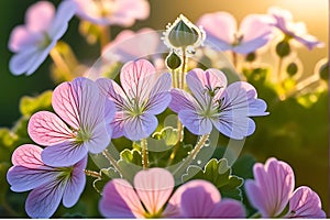 Macro Shot of Dew-Kissed Petals on a Vibrant Geranium - Bathed in the Golden Glow of Morning Light, Delicate Radiance