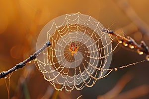Macro shot of dew on a spider web at dawn