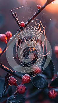 Macro shot of dew on a spider web at dawn