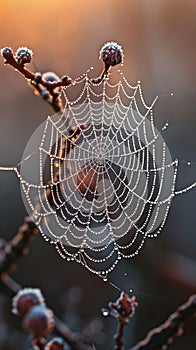 Macro shot of dew on a spider web at dawn