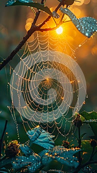 Macro shot of dew on a spider web at dawn