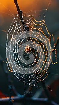 Macro shot of dew on a spider web at dawn