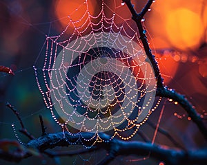 Macro shot of dew on a spider web at dawn