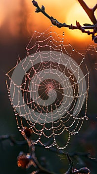 Macro shot of dew on a spider web at dawn