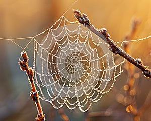 Macro shot of dew on a spider web at dawn