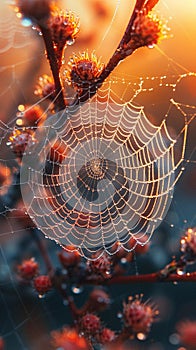 Macro shot of dew on a spider web at dawn