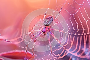 Macro shot of dew on a spider web at dawn