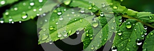 Macro Shot Of Dewdrops Glistening On Lush Green Leaves