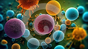 Virus cells and bacteria, Macro shot of different types of microbes on abstract background. Generative