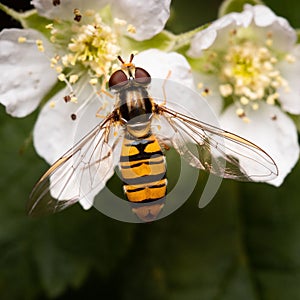 Macro shot of Episyrphus balteatus, the marmalade hoverfly on flowers.