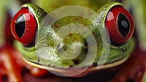 macro shot of exotic green tree frog with red eyes